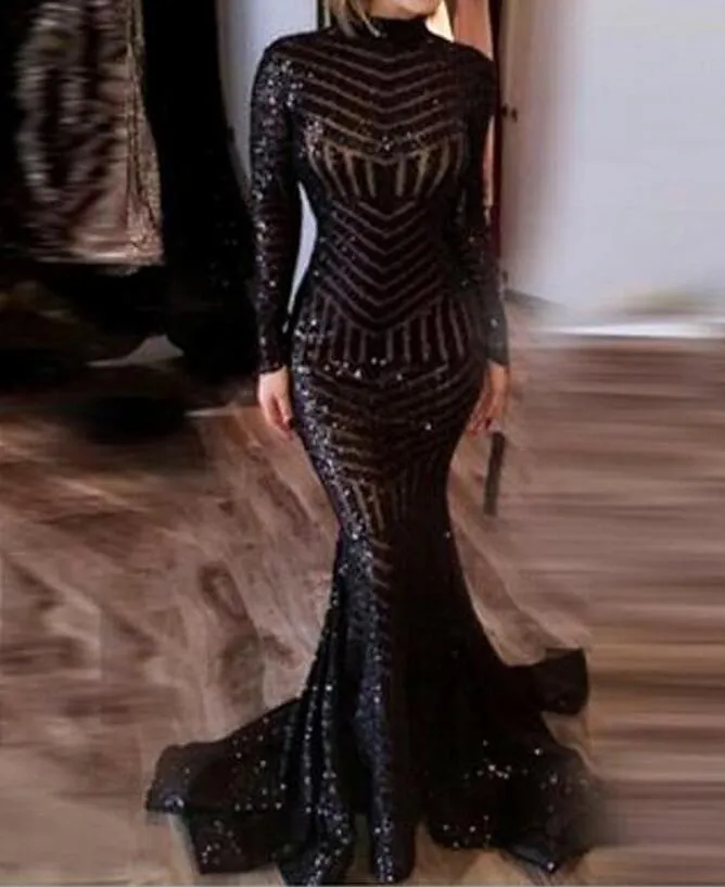 Seksowne czarne warstwy cekiny długie rękawy Suknie wieczorowe Sukienki Evening Sukienki