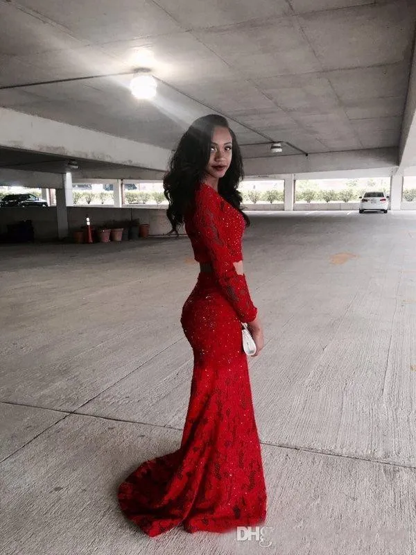 Shiny Red Full Lace Two Pieces Party Dresses Evening Wear Sequins Beads Long Sleeves Mermaid Prom Dresses Long Formal Homecoming Dress