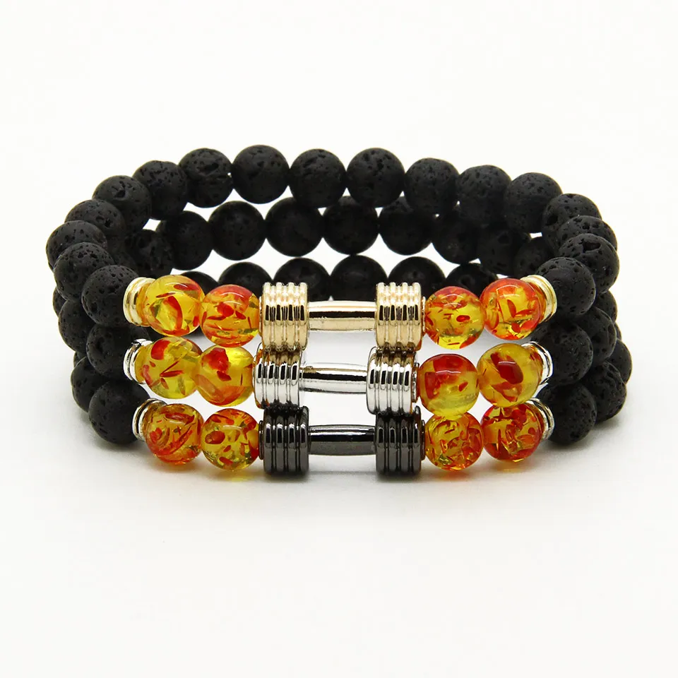 أساور الرجال كاملة التصميمات الجديدة المعدنية الجديدة Barbell 8mm Amber Beads Lava Rock Stone Faction Bracelets 270y