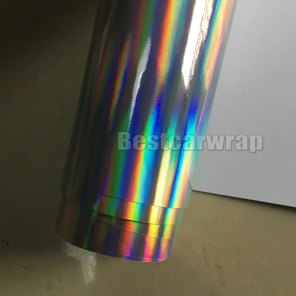 Silver Holographic chrome viny Wrap Hologram Sticker Air release Rainbow Chrome wrap foil film Size:1.52*20M/Roll