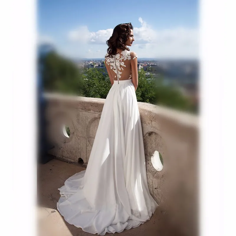 Chiffon Ivory Wedding Gown Jewel Neck Capped SLeeve Iullsion Back Covered Bottons Elegant Sweep Train Long Gown Chamring WOnderful Hot Sale