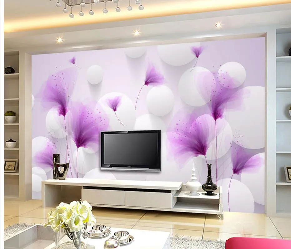 Custom any size Purple flowers romantic lilies transparent ball beautiful 3D background wall