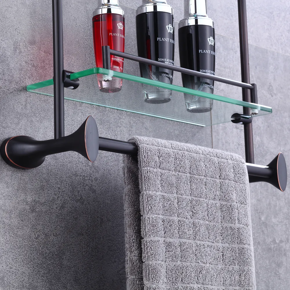 Estante de baño de vidrio bronce frotado con aceite montado en la pared, barra de toalla de doble palanca, almacenamiento de estante de toalla, 190u