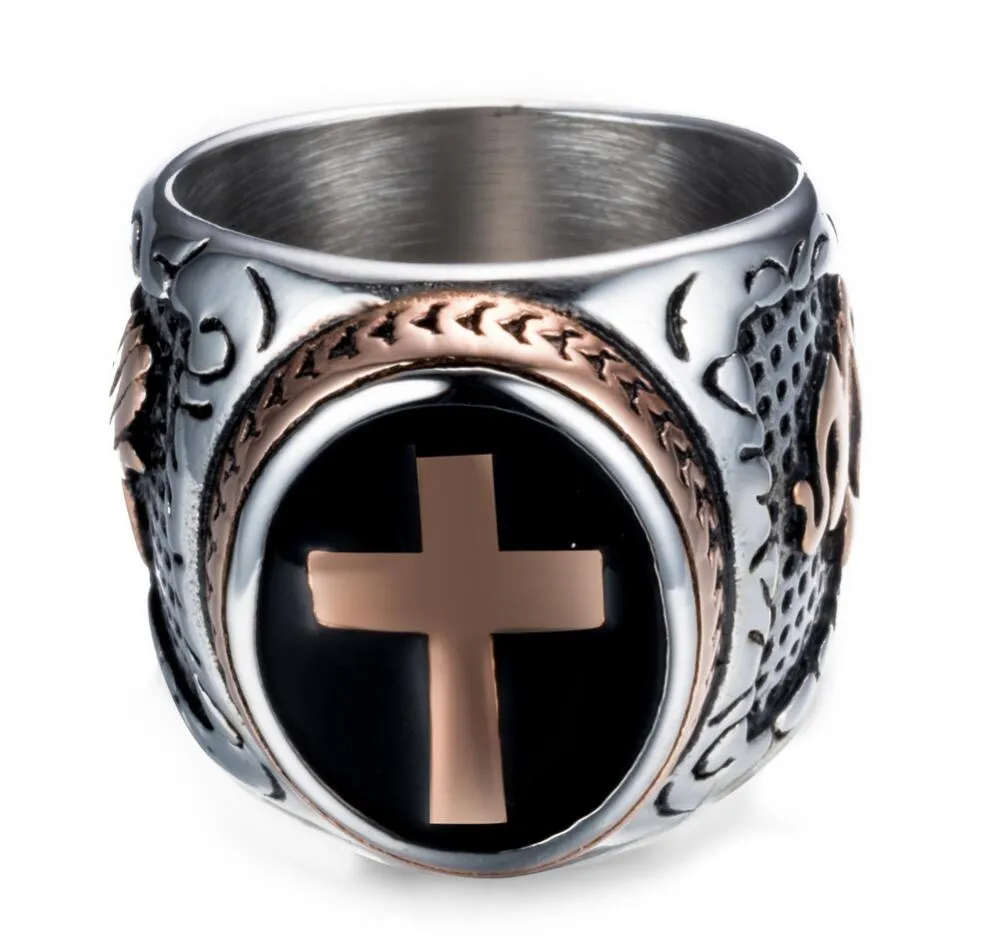 Bague croix celtique médiévale en acier inoxydable pour hommes, Punk, anneaux Rock, argent et noir, taille 7-13205P