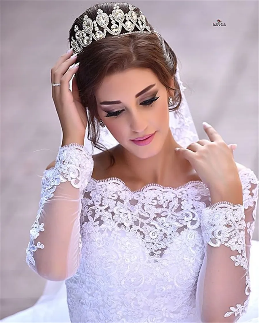 Arabic Style Princess Wedding Dresses With Long Sleeve Boat Neck Off The Shoulder Bridal Gown Applique vestido de noiva princesa