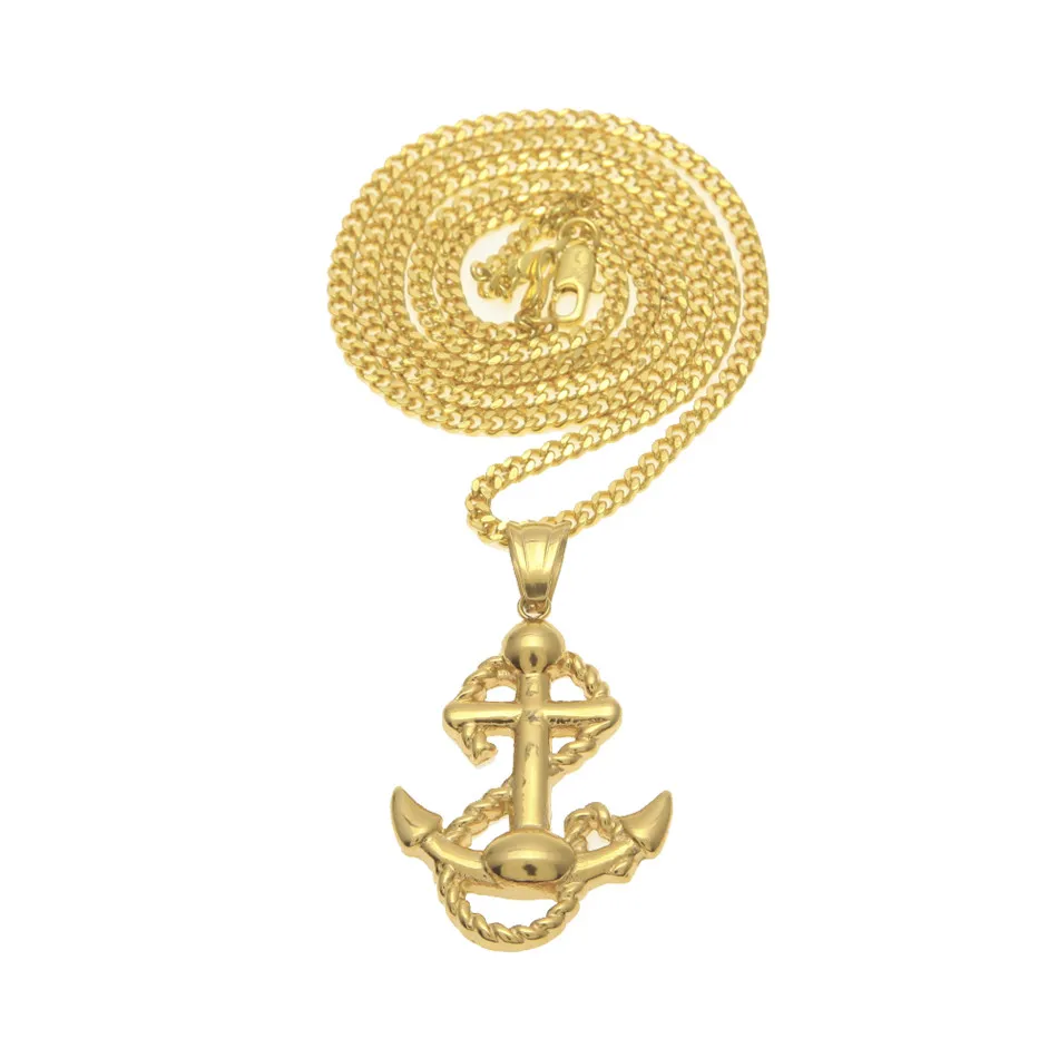 Hip hop Mens Womens Stainless Steel 24k Gold Color Anchors Pendant Necklace Chain Fashion Punk Jewelry259G