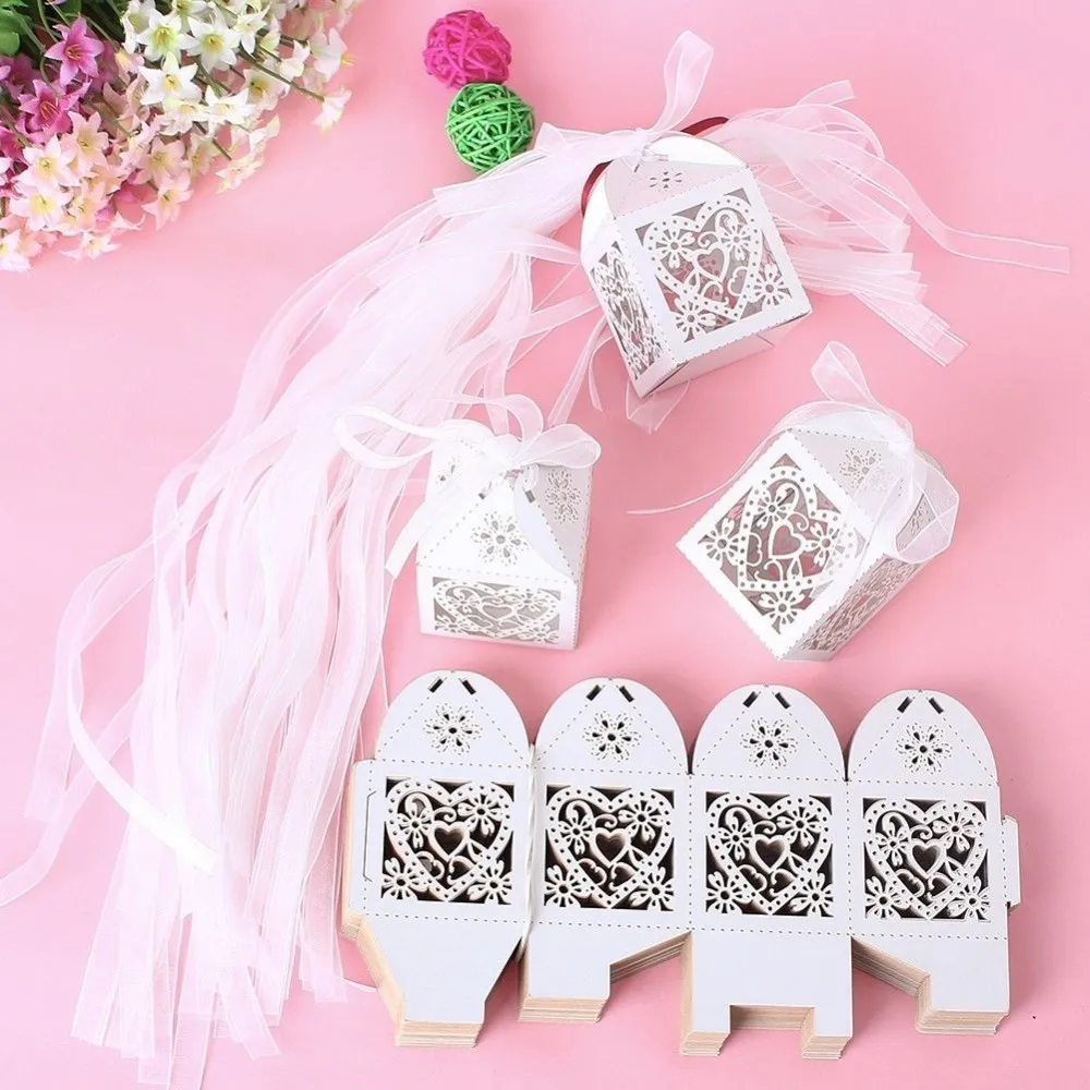 Heart Laser Cut Candy Favour Boxes With Ribbon for Wedding Party Table Decoration Wholesales