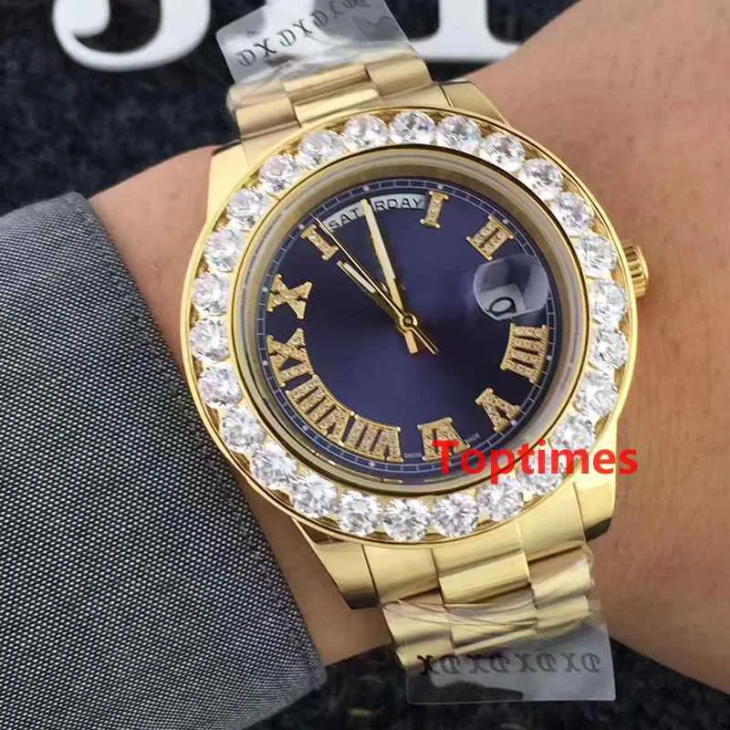 Luxus 18K Gold Präsident Day-Date Genf Männer große Diamanten Zifferblatt Lünette automatische Handgelenk Rolle Herrenuhr Reloj Uhren Wristwat206A