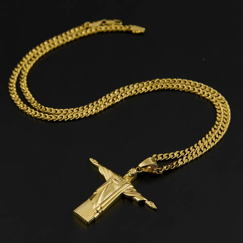 Hip Hop Cuba Chain 18K Gold plaqué CZ entièrement glacé Rio de Janeiro Jésus en acier inoxydable Collier pour hommes