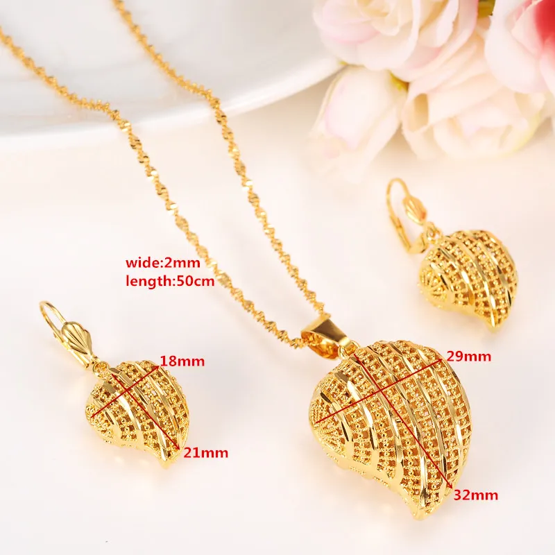 Peach Heart Pendant Jewelry sets Classical Necklaces Earrings Set 24k Fine Solid Gold GF Arab Africa Wedding Bride's Dowry
