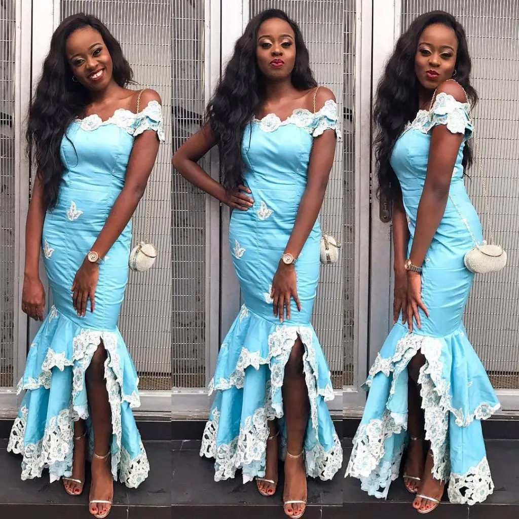 Light Sky Blue Evening Gowns With White Lace Applique Off Shoulder Mermaid Party Gowns Aso Ebi Back Zipper Custom Made Formal Occasion Gowns
