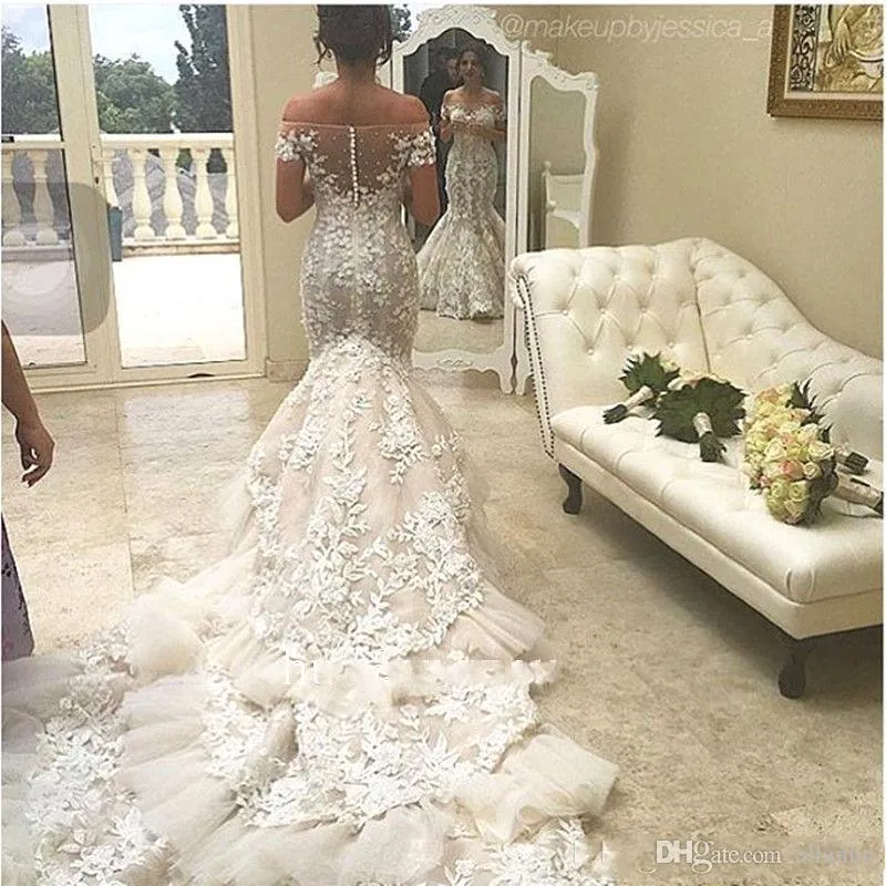 2017 Luxury 3D Floral Appliques Lace Mermaid Wedding Dresses Off the Shoulder Short Sleeve Tiered Skirts Bridal Gowns Long Train BA4118