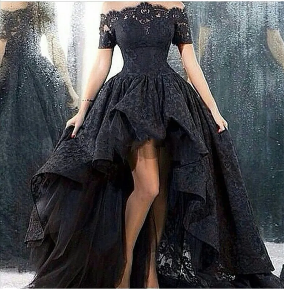 Off the Shoulder Black Party Dress Prom Dresses 2019 Charming Marsala Boat Neck Corset Black High Low Lace Short Sleeves Evening Dress