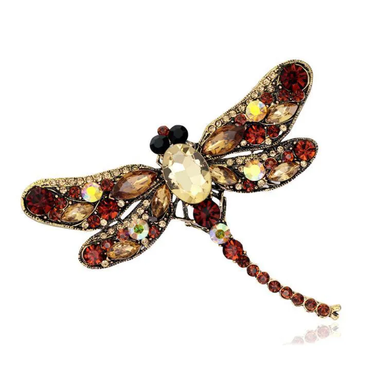 Rhinestone Dragonfly Brooches For Women Antique Gold Color Scarf Lapel Brooch Pins Animals Crystal Jewelry Gifts 216F