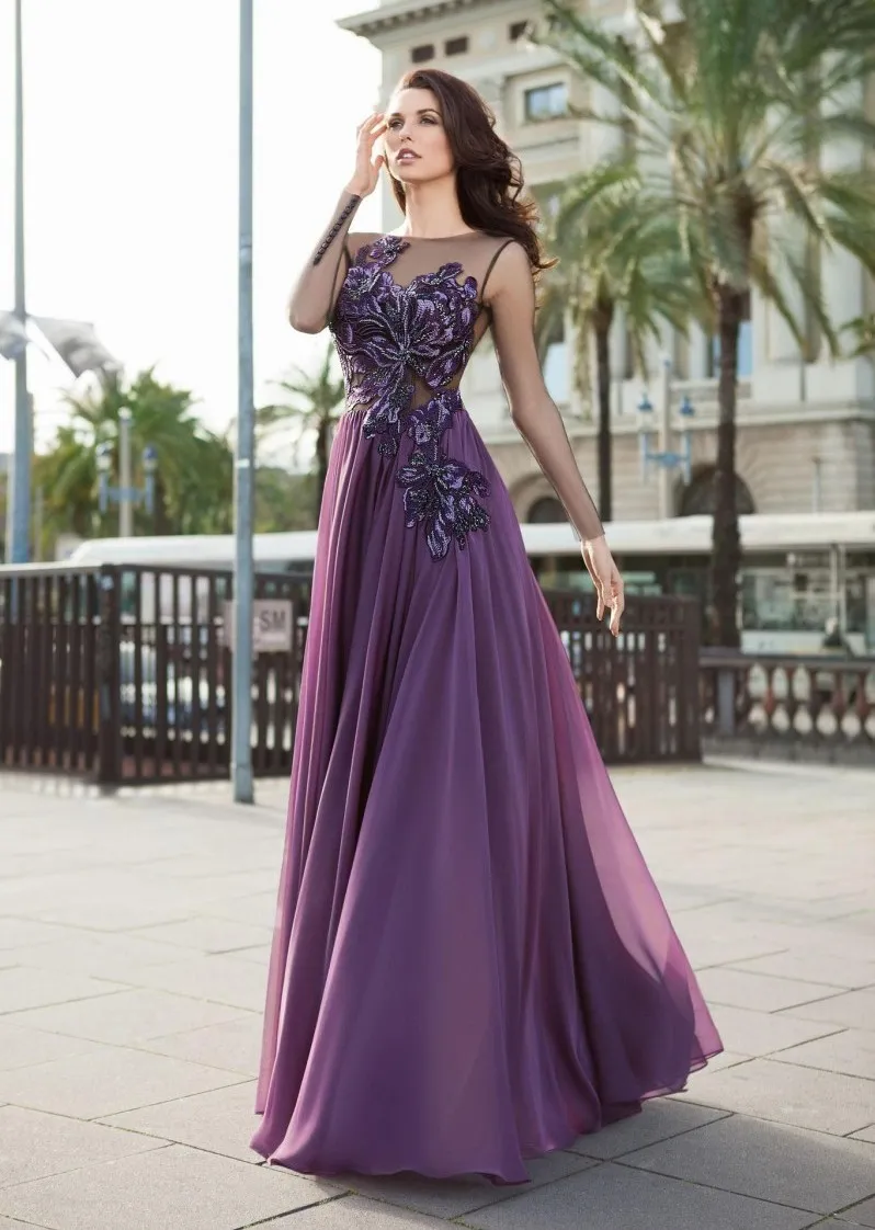 Purple Lace Appliqued Dresses Evening Wear With Long Sleeves Sheer Bateau Neck A Line Prom Gowns Floor Length Chiffon Formal Dress