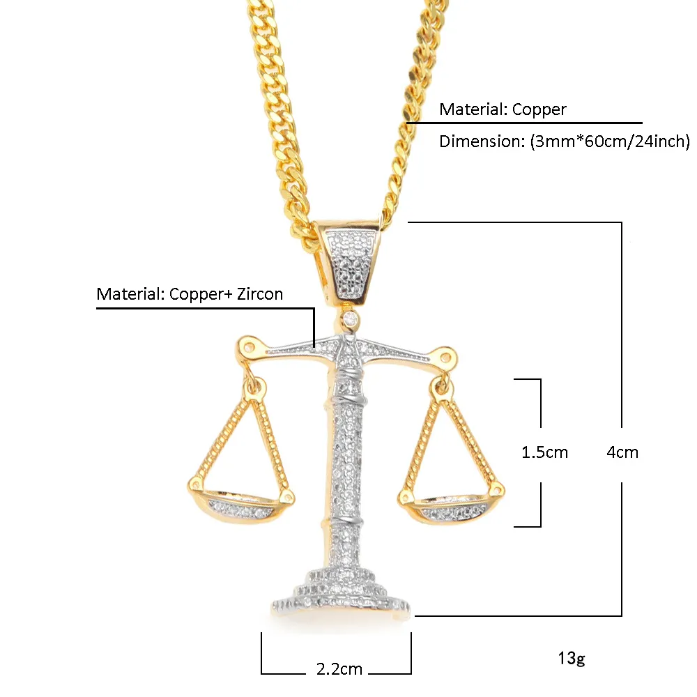 Iced out Zircon Balance Libra Scale pendente Bling Charm White Gold Copper Material de cobre Hip Hop Pingente Chain299s