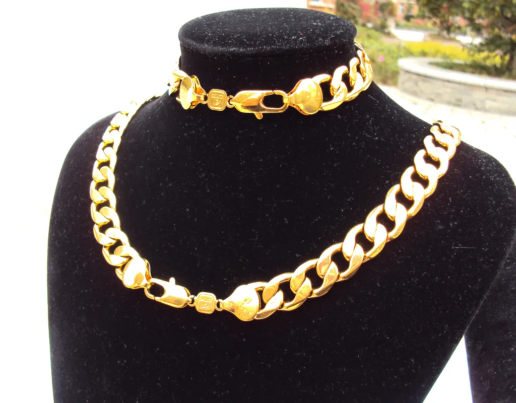 Heavy Stamp 24k Yellow Real Solid Gold GF Men's Bracelet necklace Cuban Chain Set Birthday 12MM wider jewelry SETS SHIPP256k