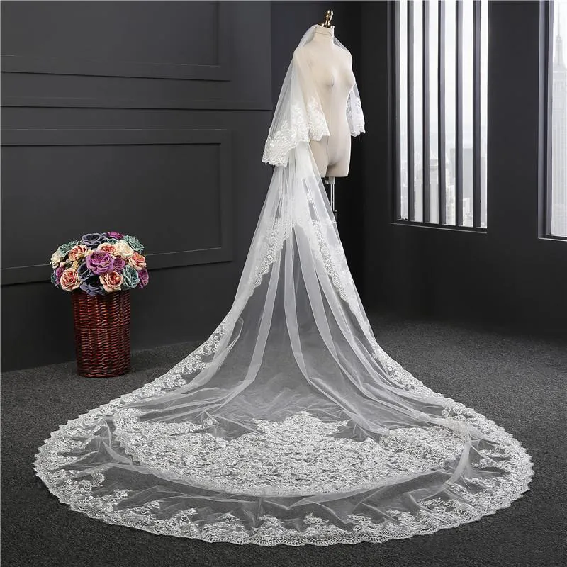 2017 Custom Made Wedding Veil real imagem impressionante Duas Camadas Branco Marfim 3 metros de comprimento Lace Applique Tulle Cathedral Bridal Veils