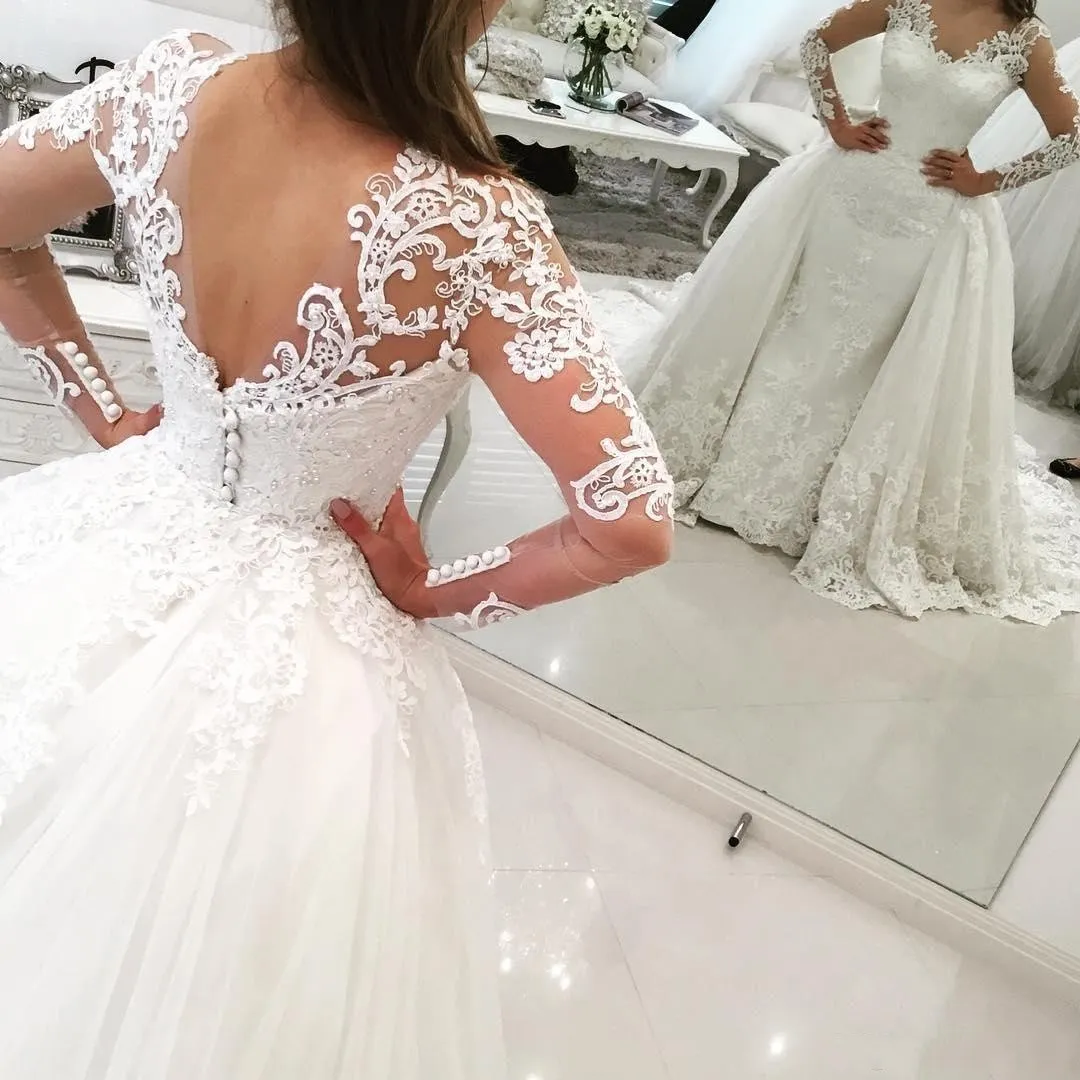 2017 Luxury Overskirts A Line Wedding Dresses Jewel Neck Long Sleeves Lace Appliques Pearl Crystal Beaded Puffy Tulle Plus Size Bridal Gowns
