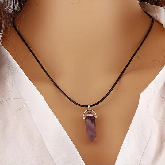 Mode nouvelle chaîne en cuir PU hommes femmes créé pierre précieuse pierre naturelle Hexagonal prisme Pile pendentif collier femmes G288256U