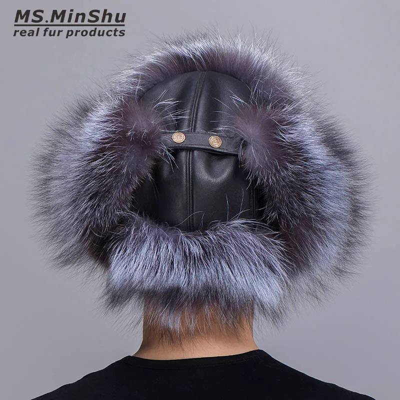 Chapéu unissex de pele de raposa prateada estilo russo com couro de pele de carneiro, protetor de orelha de inverno 316z