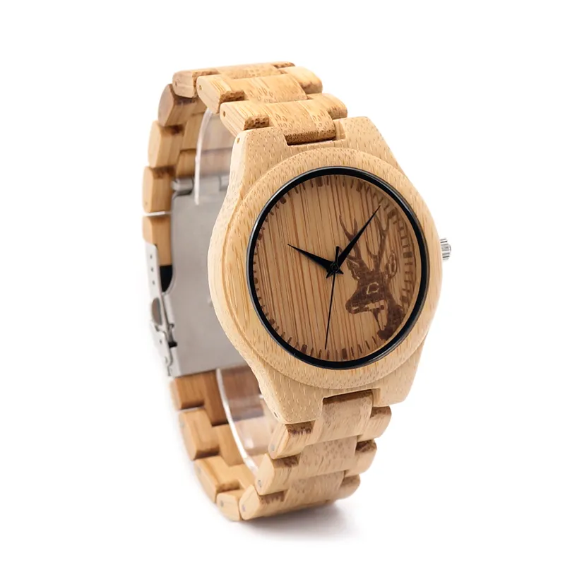 Bobo Bird Classic Bamboo Wooden Watch 엘크 사슴 헤드 캐주얼 손목 시계 대나무 밴드 쿼츠 남성용 여성 204r.