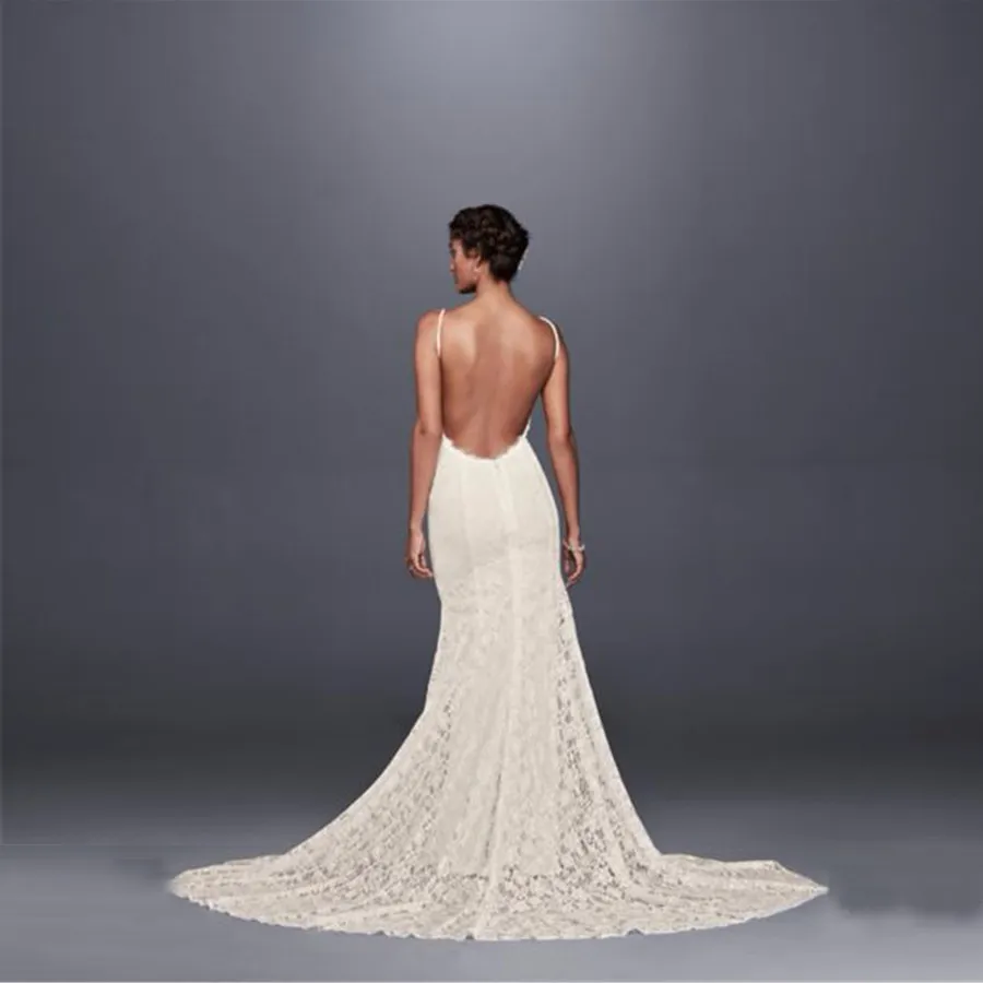 NEW! Soft Lace Wedding Dress Sexy Backless Spaghetti Strap V-Neckline Bridal Gowns Mermaid Designer WG3827