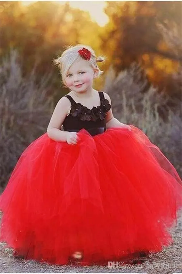 Newest Black And Red Puffy Flower Girls Dresses Floor-length Tulle Princess Ball Gown Little Kids Formal Party Wear Gowns Birthday Arabic