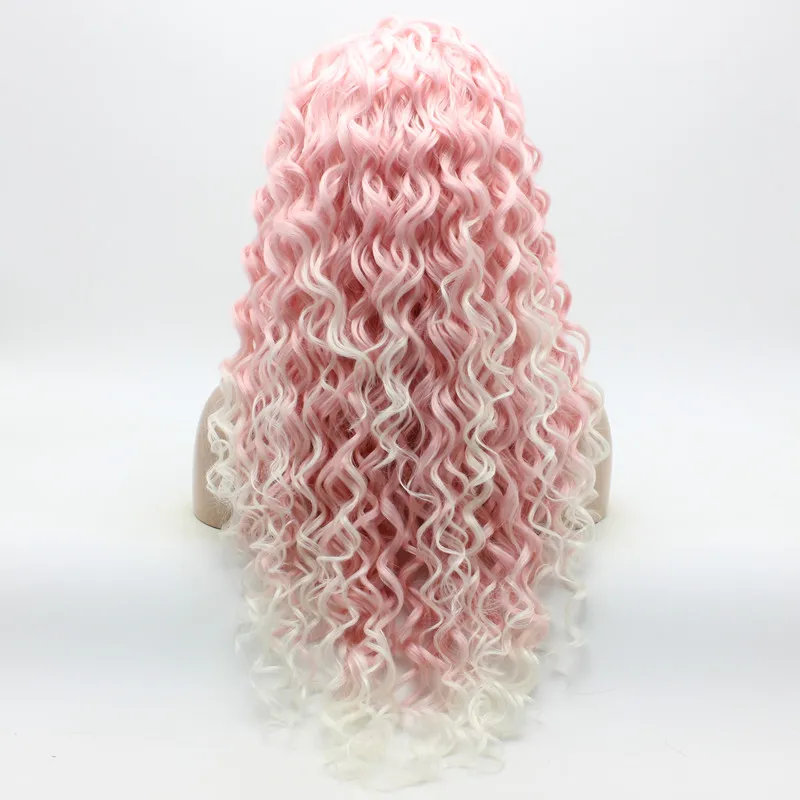 Iwona Hair Curly Long Pink Root White Ombre Wig 18#3100B/1001 Half Hand Tied Heat Resistant Synthetic Lace Front Wigs