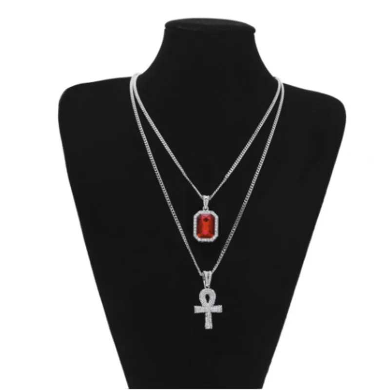Chiave della vita ghiacciata egiziana Hip Hop Collana con ciondolo croce Ankh 24 con collana con ciondolo rubino rosso Set di gioielli252r