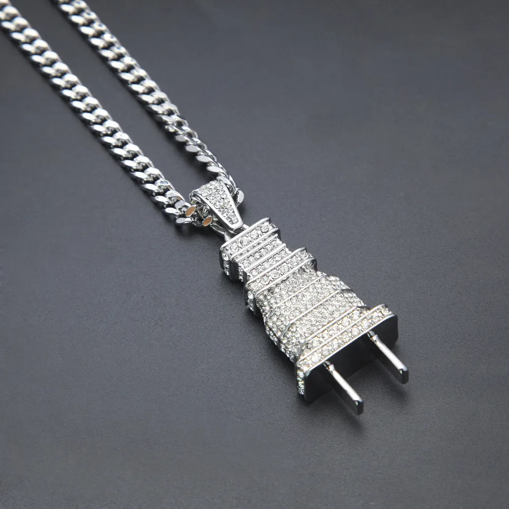 Iced Out Bling Men Micro Pave Full Rhinestone Plug Pendant Necklace Gold Silver Plated Charm Cuban Chain Hip Hop Jewelry258R