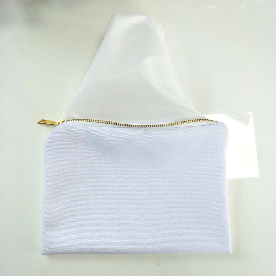 12 oz beyaz% 100 poli tuval makyaj çantası, beyaz astarlı beyaz altın fermuarlı boş kozmetik torba ile süblimasyon için baskı