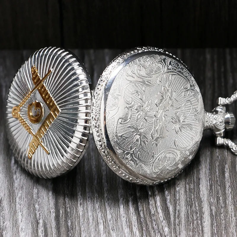 Srebrny Złoty Masoniczny Masonry Masonry Watch zegarek kieszonkowy z łańcuchem naszyjnikiem
