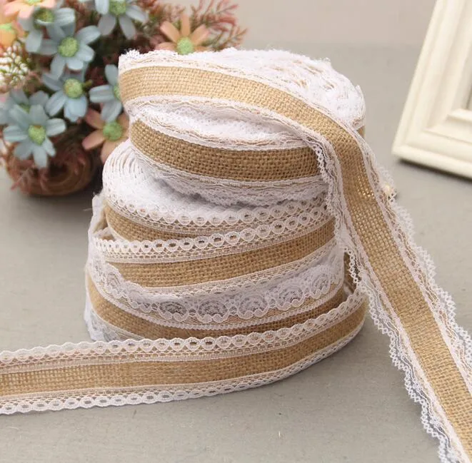 Party Supplies 2m Natural Jute Burlap Hessian Lace Ribbon Roll and White Lace Vintage Wedding Party Decorations Crafts Decorative 2738