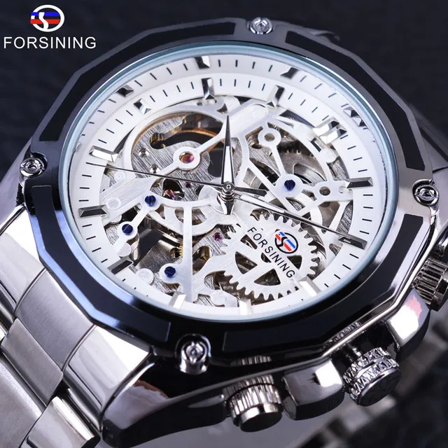 Forsining mecânico steampunk design moda vestido de negócios relógio masculino marca superior luxo aço inoxidável esqueleto automático watch303k