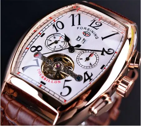 Forsining Square Mechanical Design Mechanical Gold Case Branco Dial Brown Lear Mens Relógios Top Brand Luxury Automatic Watch215T