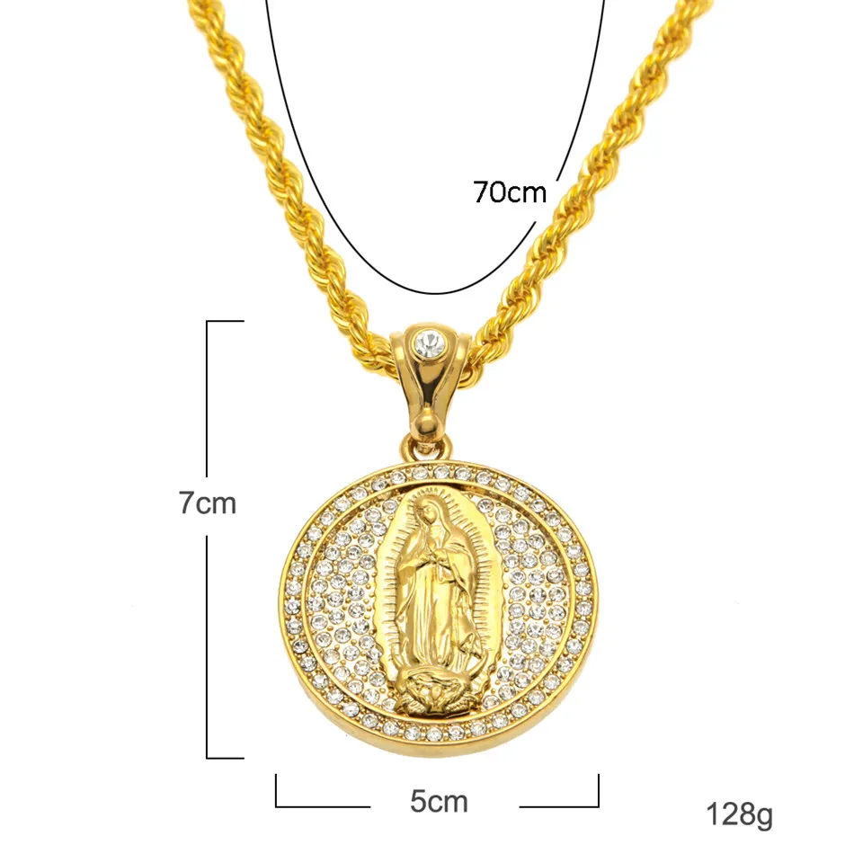 Uomo Donna Vergine Maria Ciondolo Gioielli hip hop Ghiacciato Bling Bling Collana con ciondolo in cristallo color oro con strass Catena1856