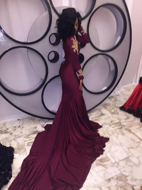 Burgundy South African Mermaid Prom Dresses Sexy High Neck Gold Appliques Long Sleeves Court Train Evening Gowns Cocktail Party Dress