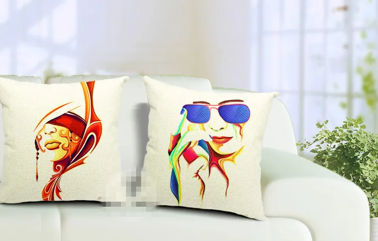 Abstract Colorful Painting Women Face Linen Cushion Cover Pillow Case Home Art Decor Almofadas 18 18inch coussin Bedroom Sofa Deco195a