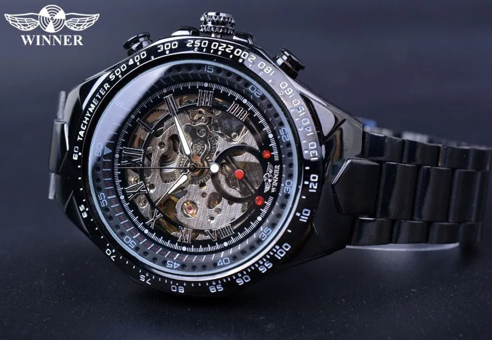 Zwycięzca klasyczny serial Golden Ruch wewnątrz srebrnego stali nierdzewnej szkieletu zegarek najlepsza marka luksusowa moda automatyczna zegarek187V