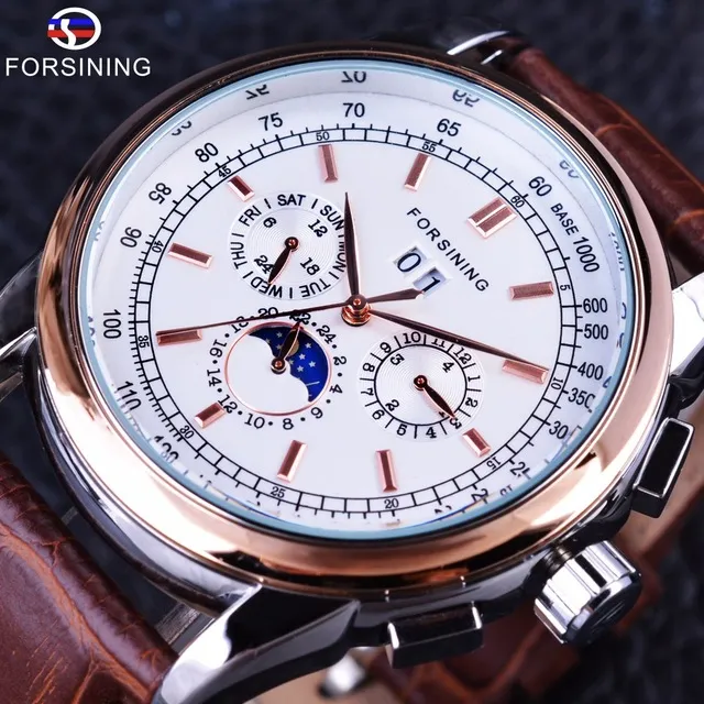 Forsining Moon Phase Shanghai Movement Rose Gold Case Brown Genuine Leather Strap Mens Watches Top Brand Luxury Auotmatic Watch Wa205B