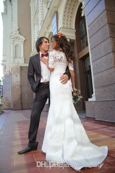 Off-Schulter-Spitze-Nixe-Hochzeitskleider 2019 Illusion Ausschnitt Halbarm Strand Boho-Brautkleider nach Maß Braut Kleid Vestidos De Novia