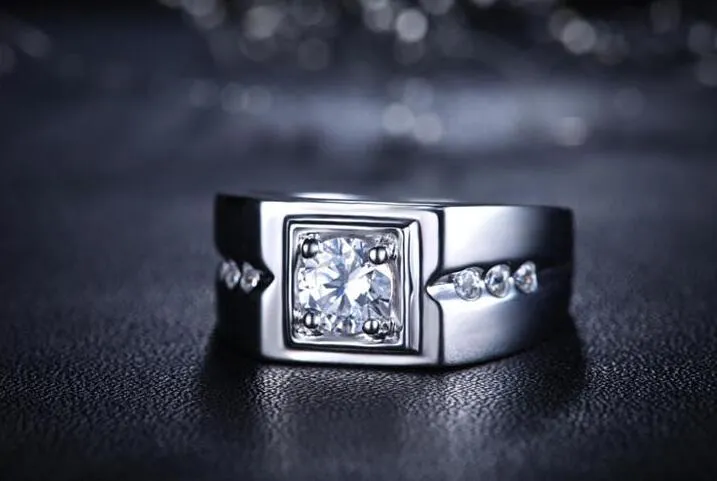 Solitaire entier bijoux de luxe 925 argent sterling blanc topaze cz zirconia diamant mariage fiançailles hommes ring