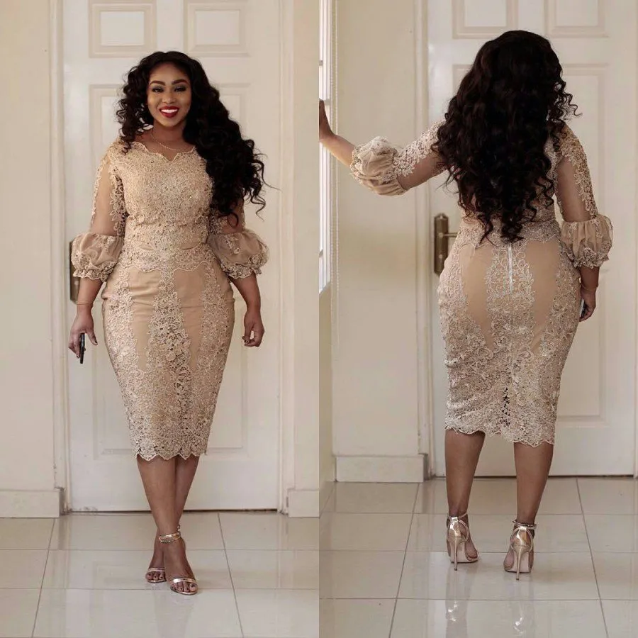 2017 Sexy Plus Size Cocktail Dresses Jewel Neck Applique 3 4 Sleeve Zipper Tea Length Prom Dress Fashion Champagne Pretty Woman Pa339D