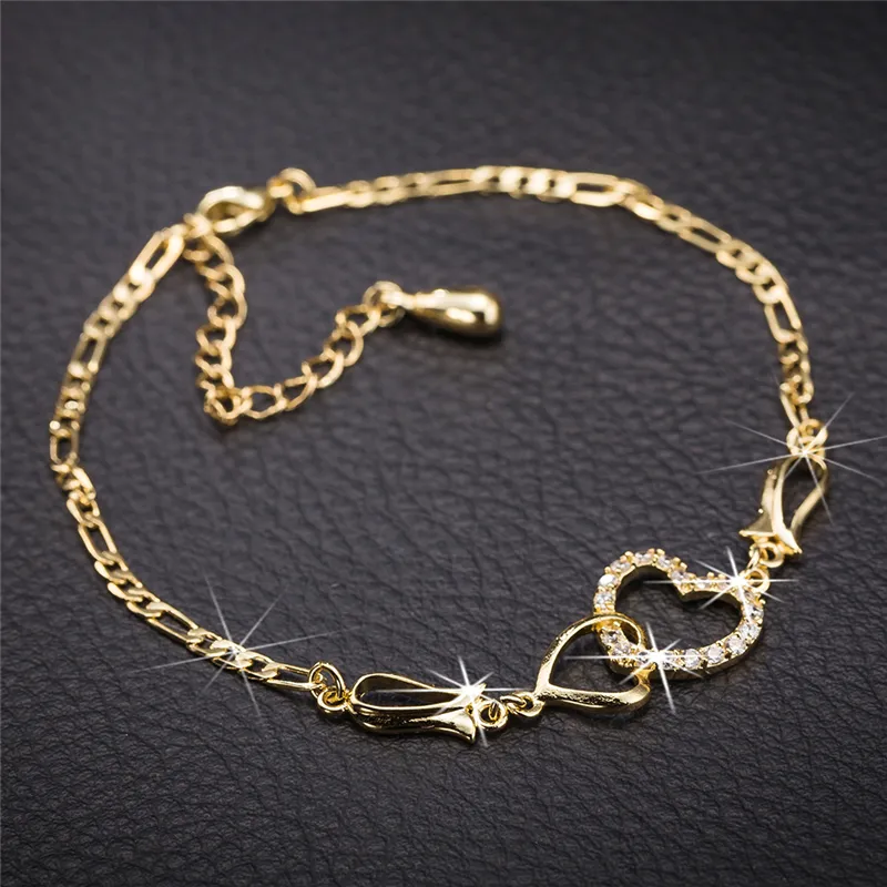 Women Summer Jewelry 18K Yellow Gold Plated CZ Double Hearts Anklet Chain Bracelet for Girls Women for Wedding Party