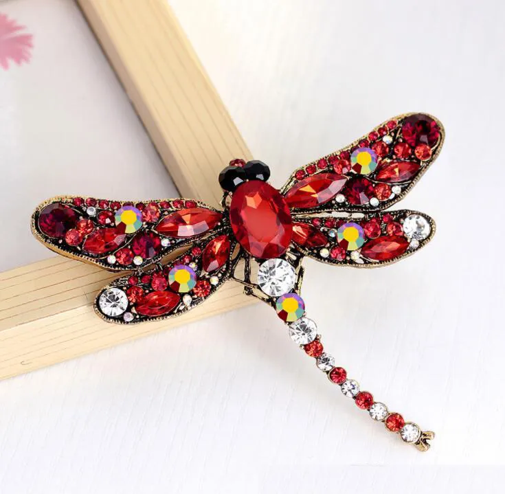 Rhinestone Dragonfly Brooches For Women Antique Gold Color Scarf Lapel Brooch Pins Animals Crystal Jewelry Gifts 216F