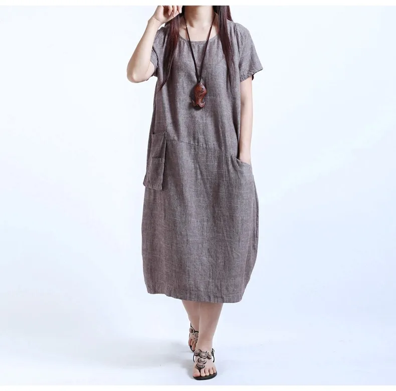 Wholesale Women Dresses Casual Women Cotton Linen Short Sleeve Long Loose Maxi Dress Sundress Clothes