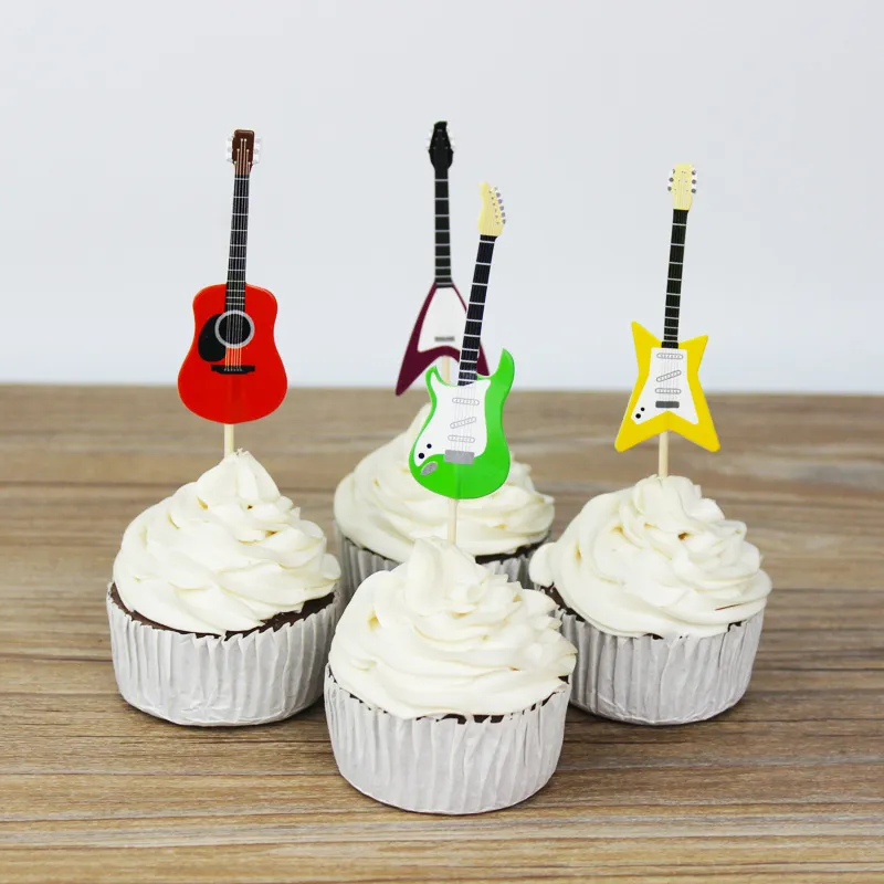 CHICCHIC a Set Colorful Guitar 4 Shapes Cupcake Toppers Cake Picks Decoration with Toothpicks286f