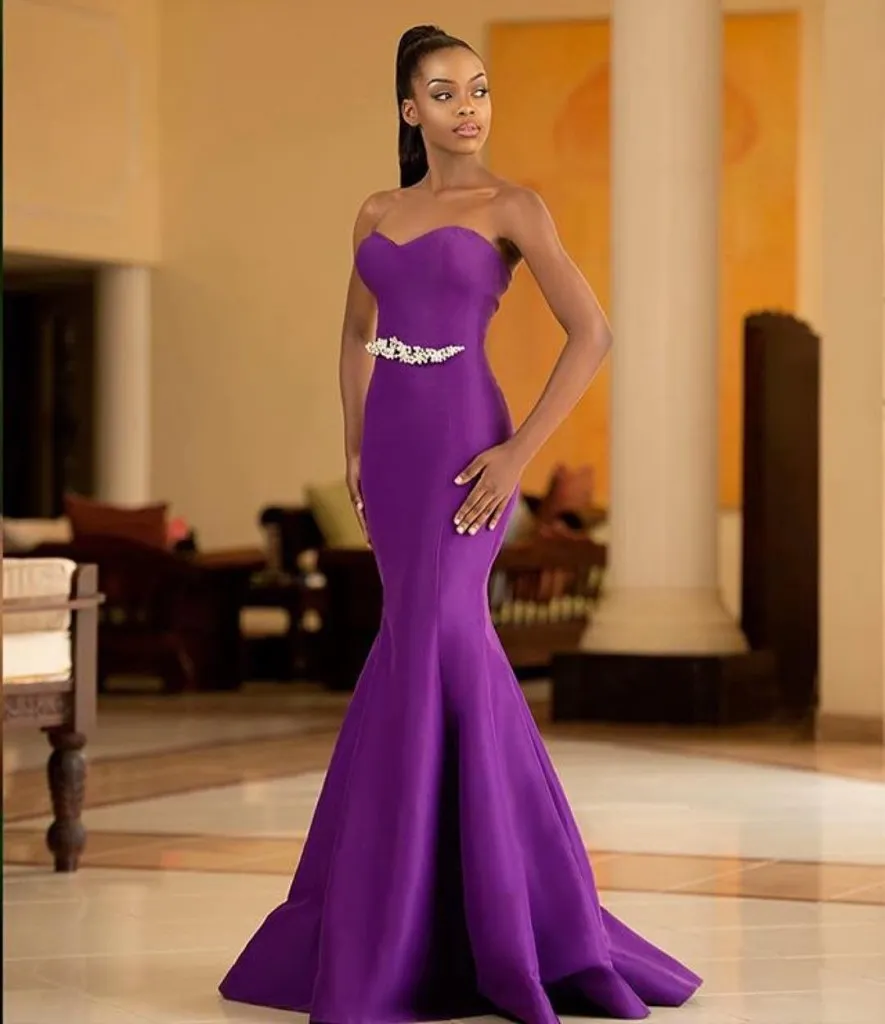 Purple Evening Dresses 2017 Strapless Sleeveless Mermaid Style Peplum Prom Gowns Back Zipper Sweep Train Formal Party Gowns Custom Made