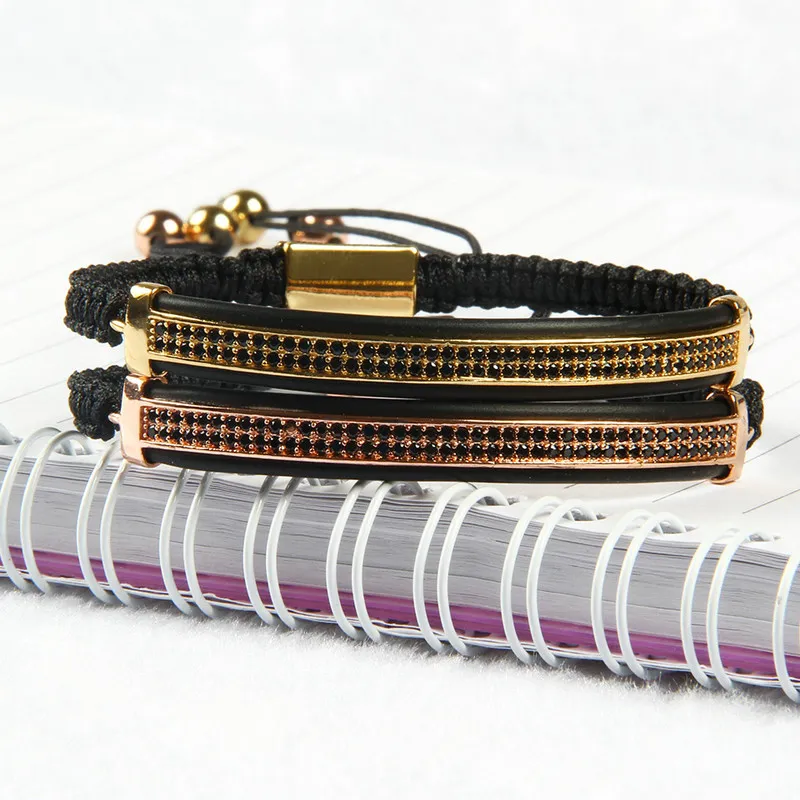 Bijoux de mode de mode Micro Pave Brass Black CZ Double Long Tube Watch Protector Macrame Bracelets2290
